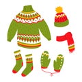 Cute kawaii illustration with socks, hat, mittens, sweater and scarf Royalty Free Stock Photo